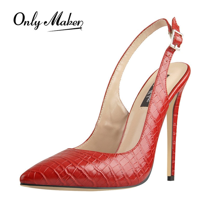 Onlymaker Women 12CM Slingback High Heels Pumps Red Color Pointed Toe Ankle Strap Big Size Fashion Sandals