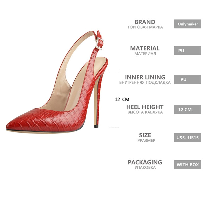 Onlymaker Women 12CM Slingback High Heels Pumps Red Color Pointed Toe Ankle Strap Big Size Fashion Sandals
