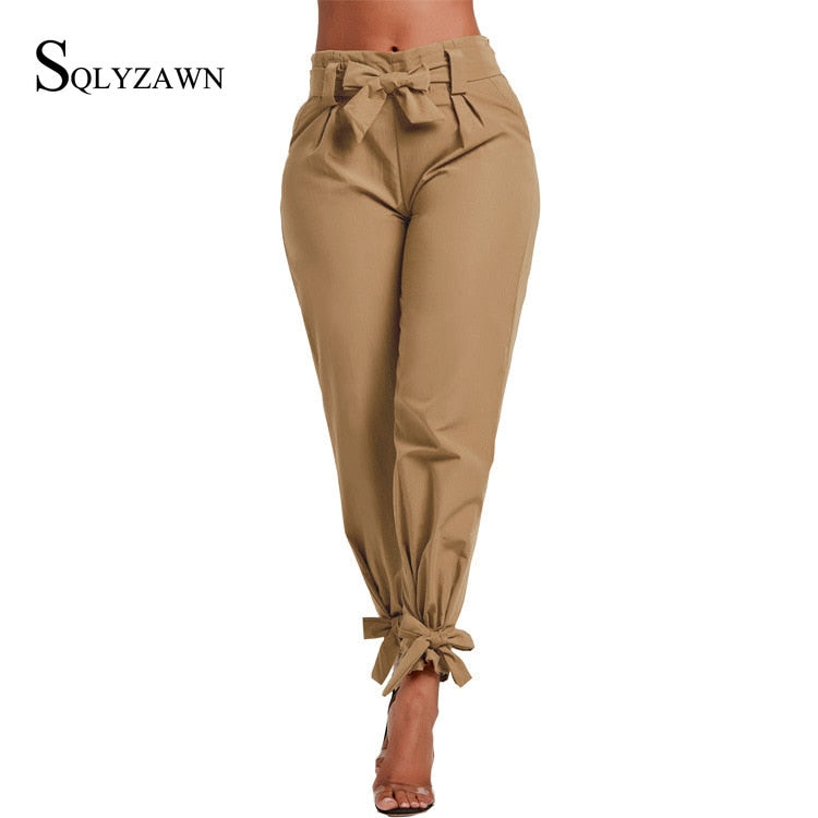Solid Color Trousers with Waist Belt Bow.
