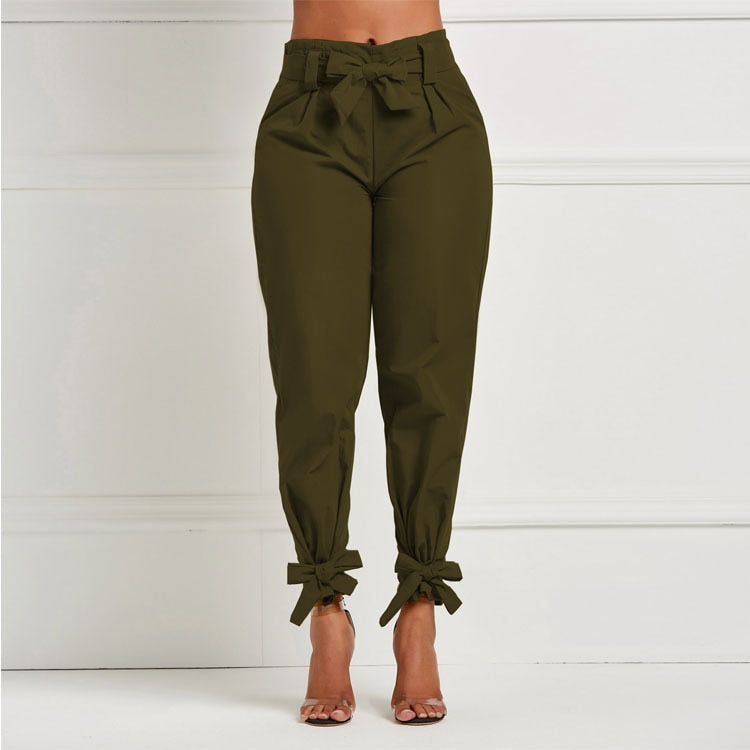 Solid Color Trousers with Waist Belt Bow.