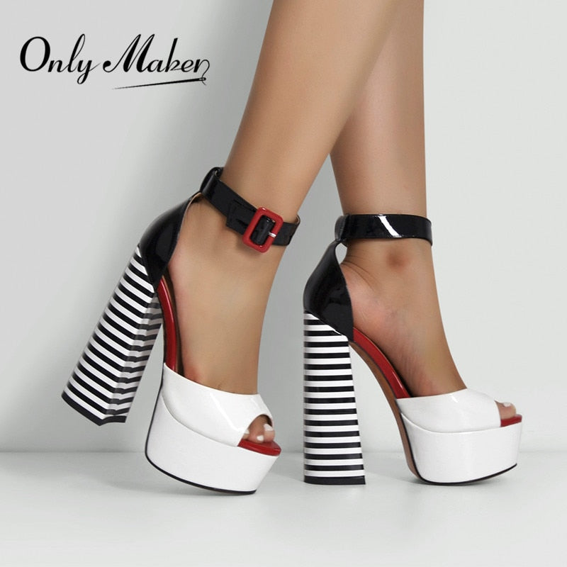 Onlymaker Women Sandals Platform Peep Toe Chunky Square Heels Ankle Strap Sandals Black And White Stripes Party Fashion Shoes