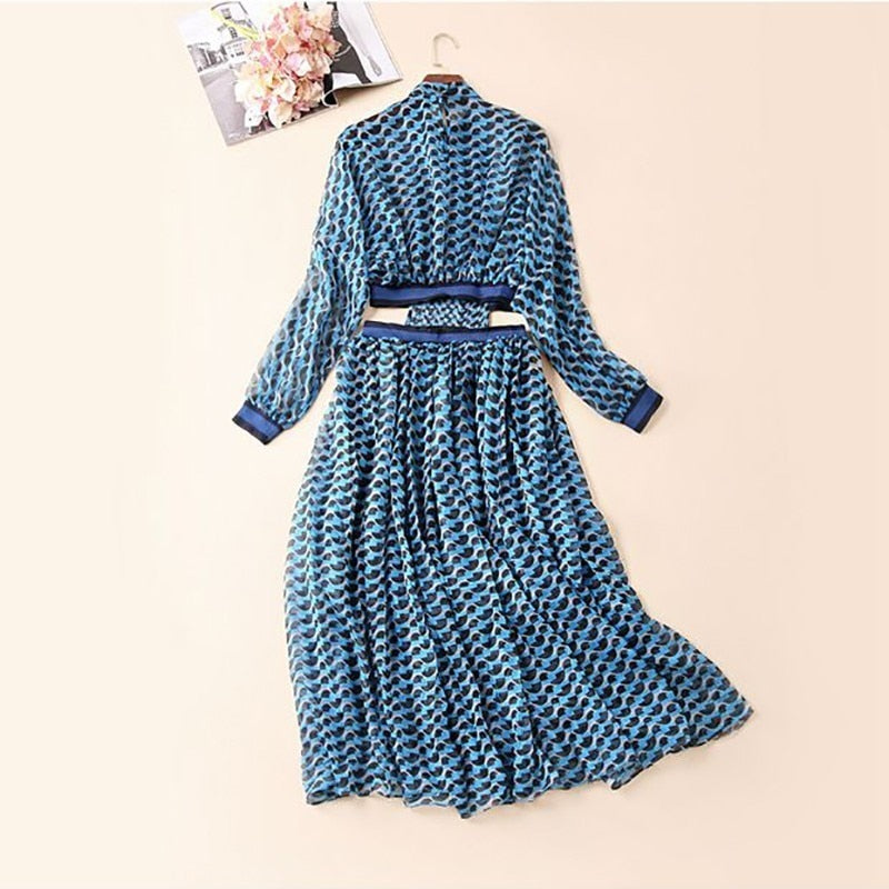 High neck Chiffon Summer Dress, With wavy prints. Long Sleeves, High Waist opened on the sides to the back.