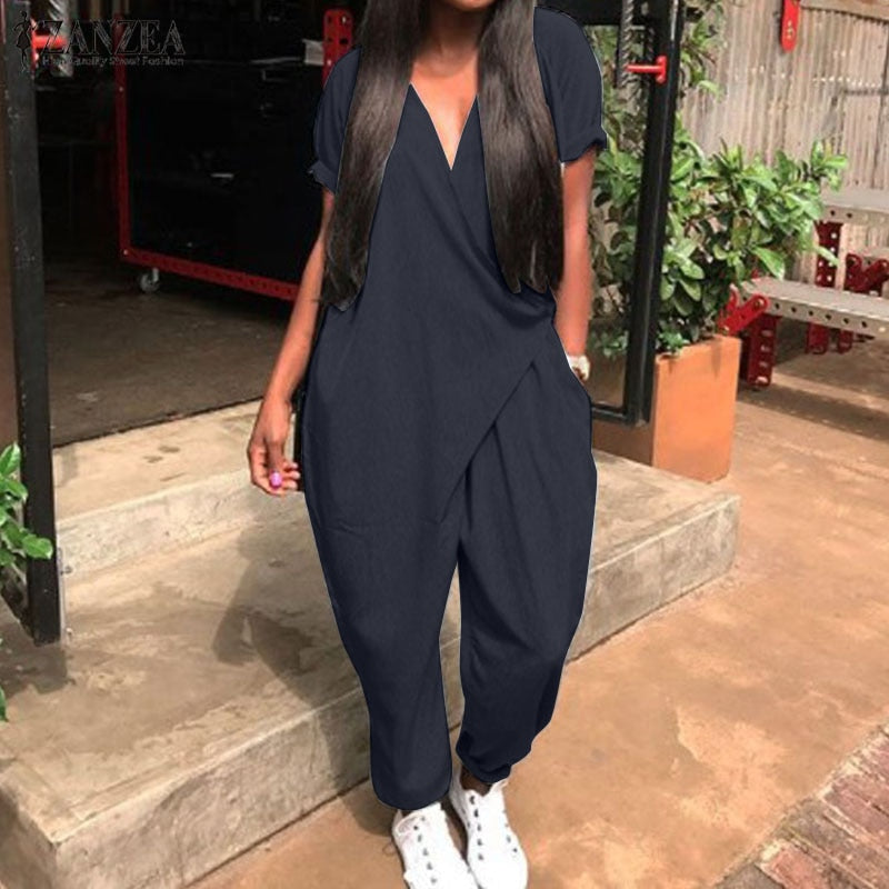 Jumpsuit Loose V Neck, Short Sleeve Overalls