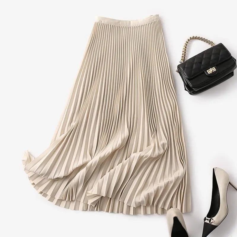 Yitimoky Long Pleated Skirts for Women 2023 Spring Fall Chic Elastic Band Fashion A Line Elegant Office Ladies Luxury Midi Skirt