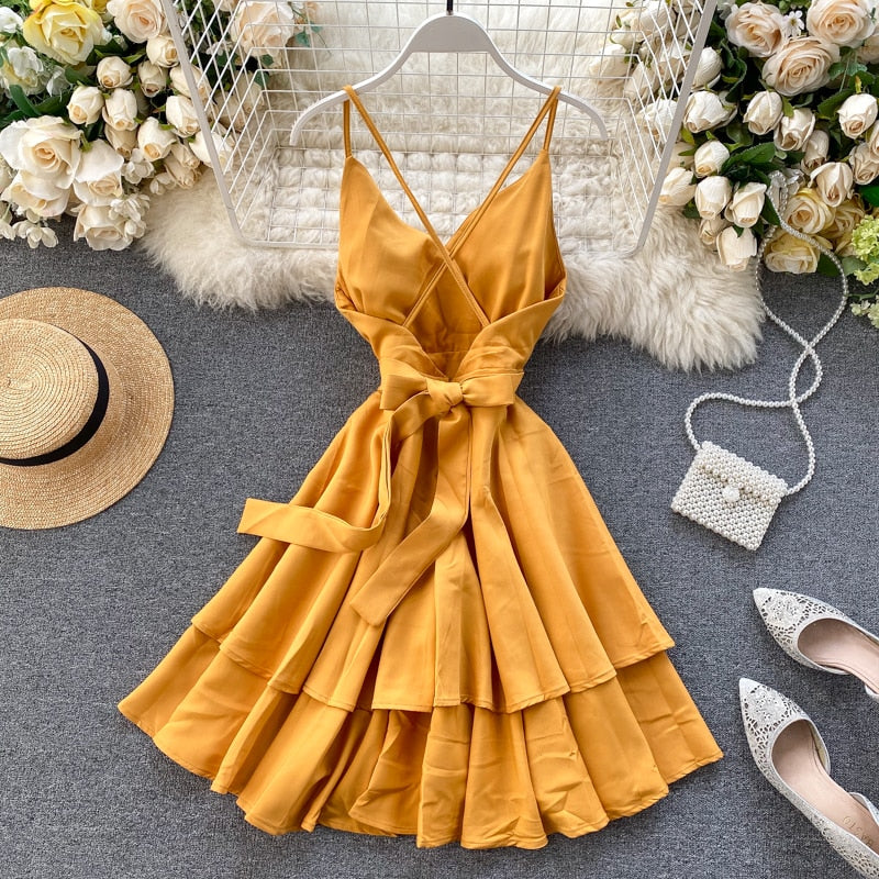 FMFSSOM Summer Spring Beach Holiday V-Neck Backless Lace Up Ruffles Cakes Solid Elegant Women Lady A-line High Waist Dress