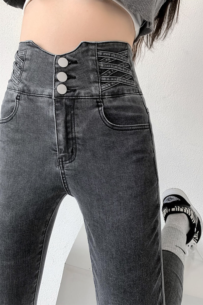 ZOENOVA Skinny Pencil Jeans with Four Buttons High Waist / Slim Stretched Denim for women/ Pants / Tight Trousers / Women Pants