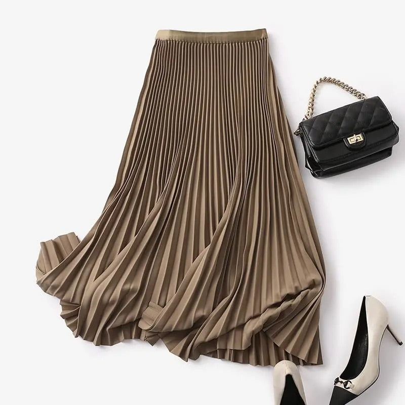Yitimoky Long Pleated Skirts for Women 2023 Spring Fall Chic Elastic Band Fashion A Line Elegant Office Ladies Luxury Midi Skirt