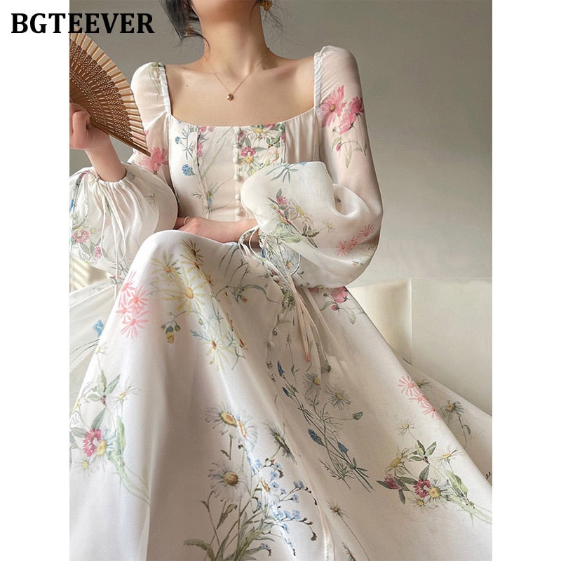 Floral Mid-Length Dress, with Chic Vintage Square Collar Long Sleeve Women / Elegant Slim Waist Female A-line Dress.