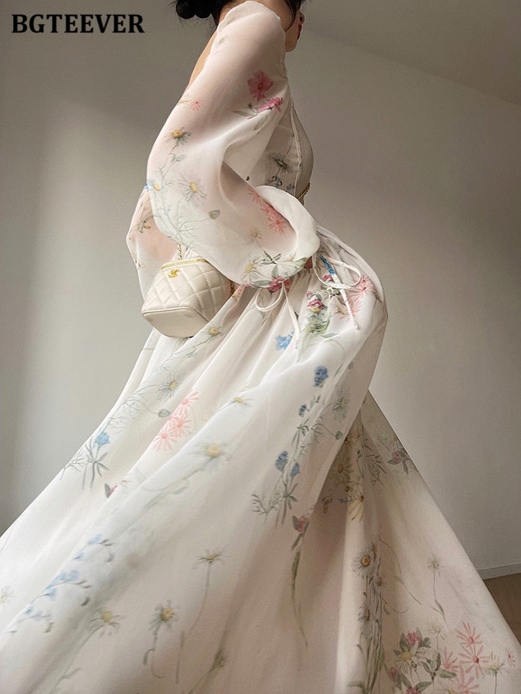 Floral Mid-Length Dress, with Chic Vintage Square Collar Long Sleeve Women / Elegant Slim Waist Female A-line Dress.