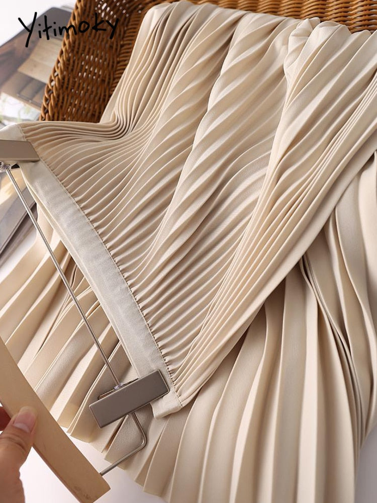 Yitimoky Long Pleated Skirts for Women 2023 Spring Fall Chic Elastic Band Fashion A Line Elegant Office Ladies Luxury Midi Skirt