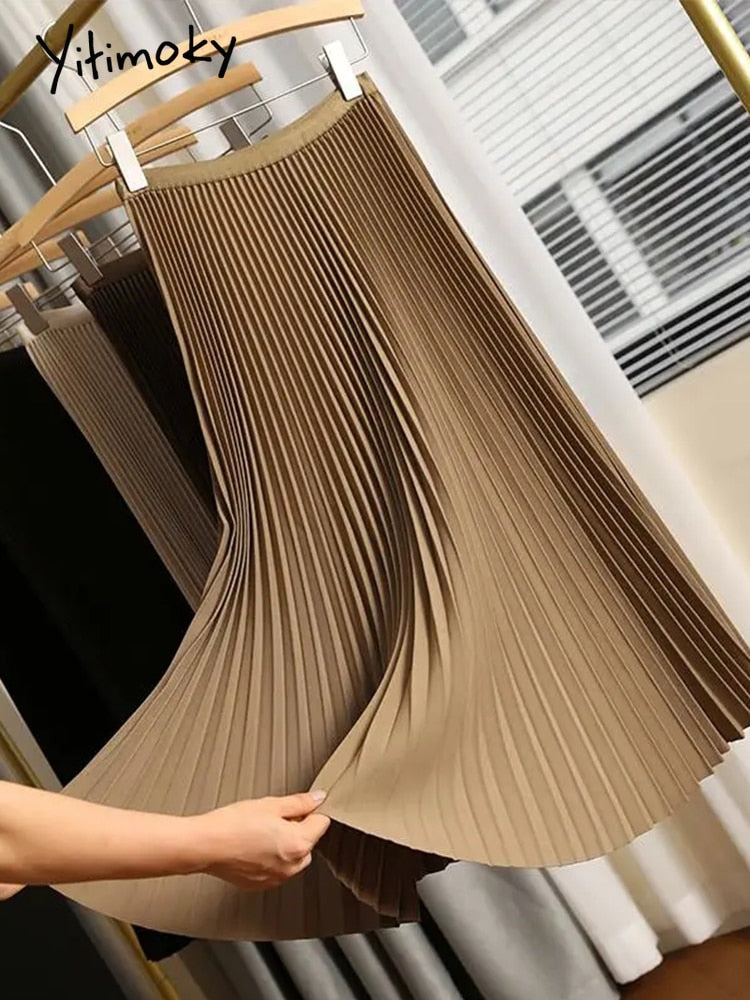 Yitimoky Long Pleated Skirts for Women 2023 Spring Fall Chic Elastic Band Fashion A Line Elegant Office Ladies Luxury Midi Skirt