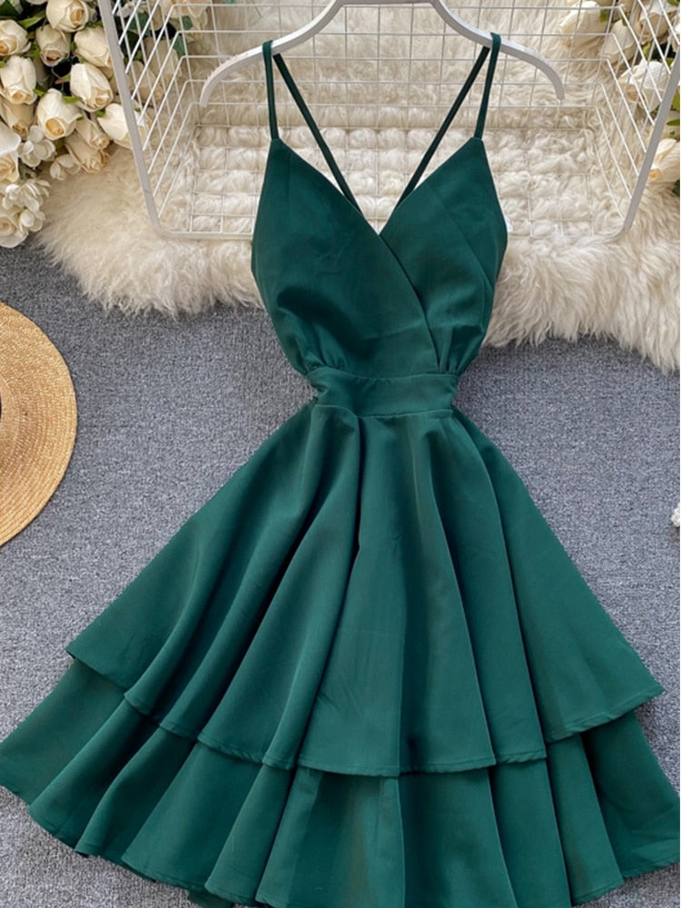 FMFSSOM Summer Spring Beach Holiday V-Neck Backless Lace Up Ruffles Cakes Solid Elegant Women Lady A-line High Waist Dress