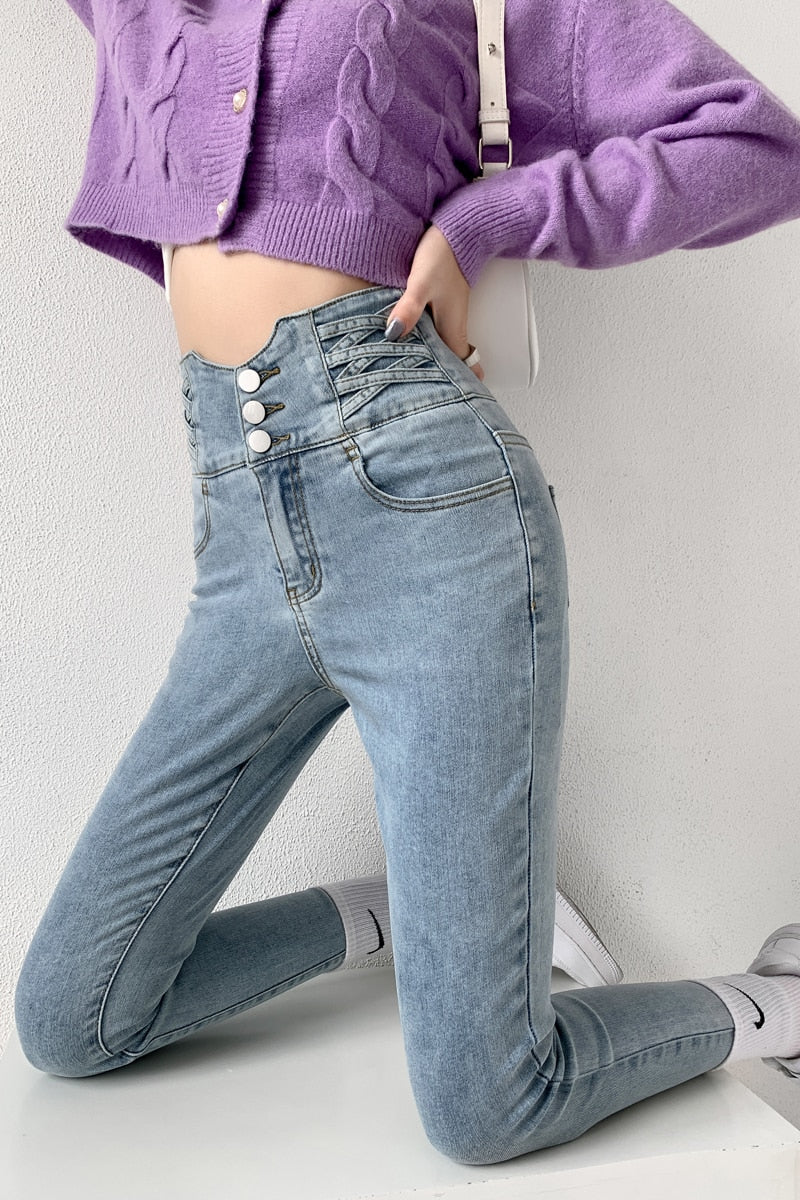 ZOENOVA Skinny Pencil Jeans with Four Buttons High Waist / Slim Stretched Denim for women/ Pants / Tight Trousers / Women Pants