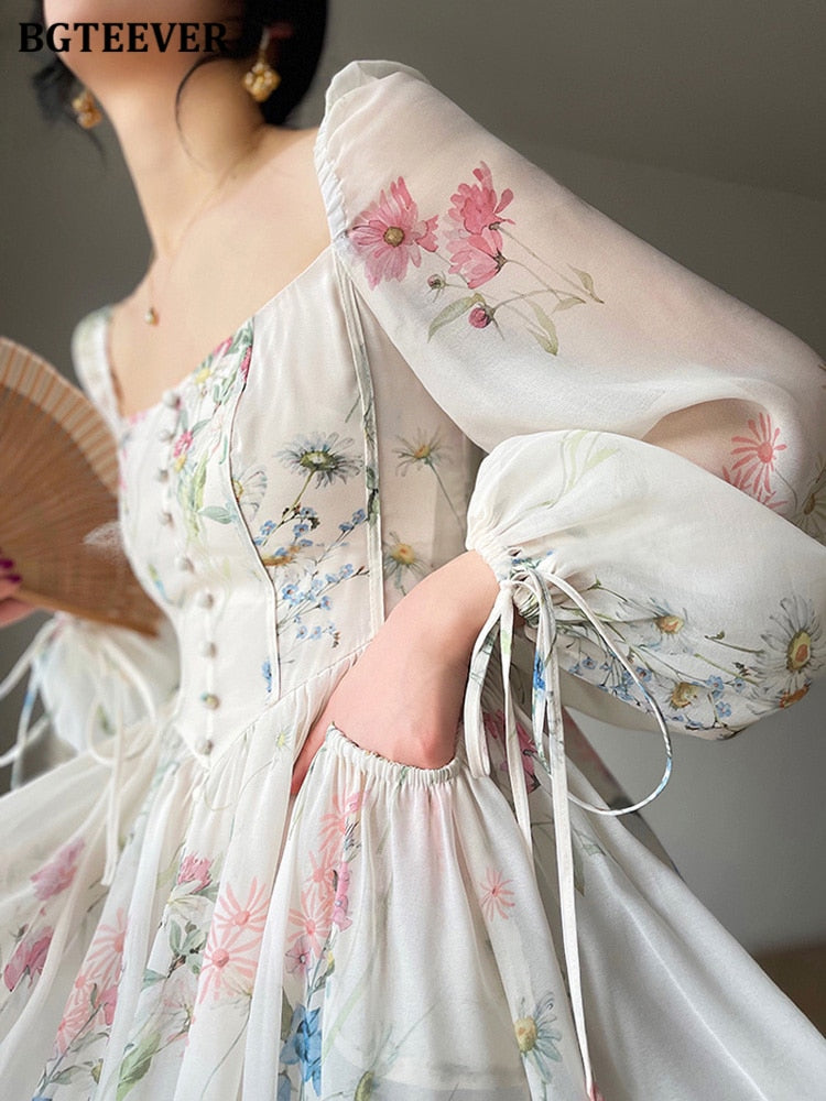Floral Mid-Length Dress, with Chic Vintage Square Collar Long Sleeve Women / Elegant Slim Waist Female A-line Dress.
