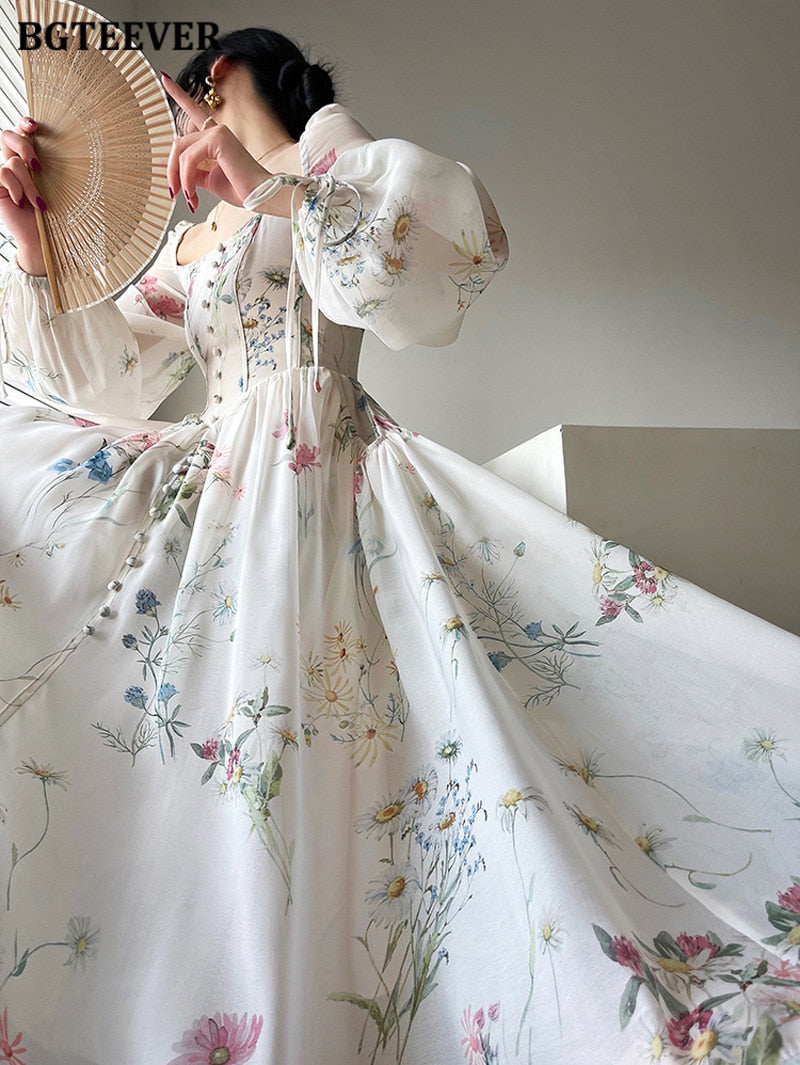 Floral Mid-Length Dress, with Chic Vintage Square Collar Long Sleeve Women / Elegant Slim Waist Female A-line Dress.