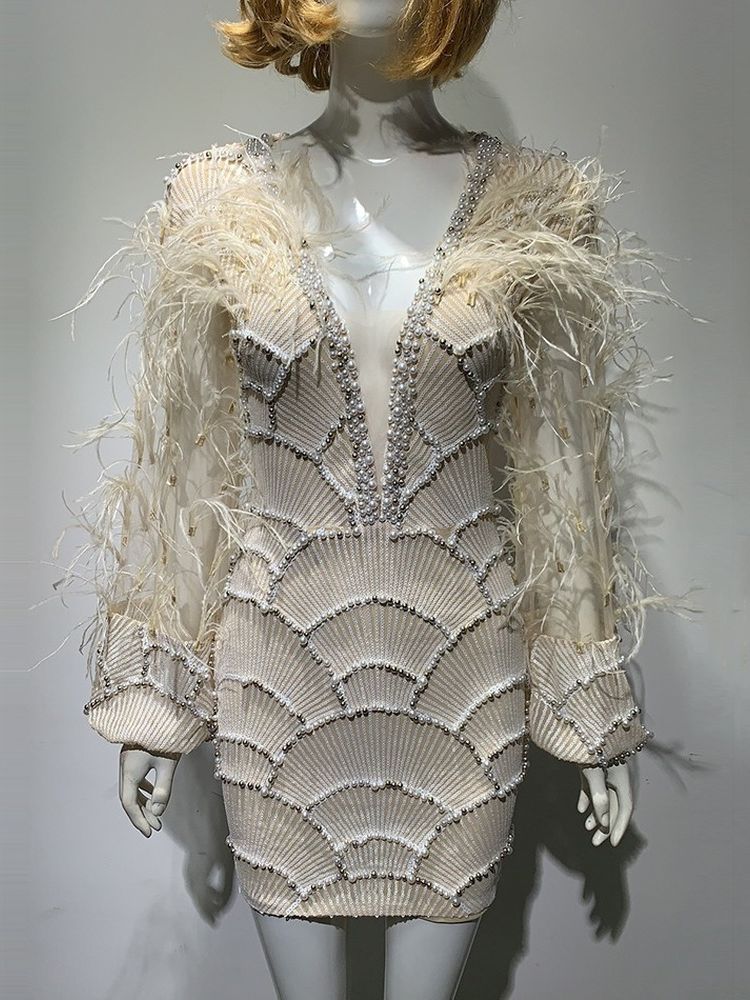 Embroidered evening dress, with feathers.