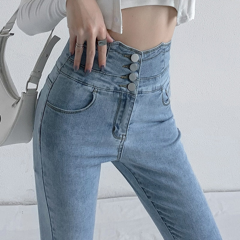 ZOENOVA Skinny Pencil Jeans with Four Buttons High Waist / Slim Stretched Denim for women/ Pants / Tight Trousers / Women Pants