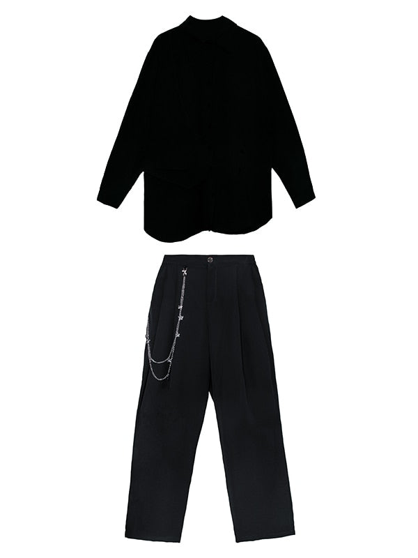 Two-piece suit, with wide-leg pants, signature irregular pleated loose blouse