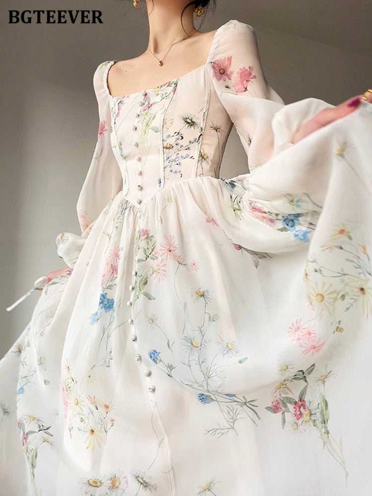 Floral Mid-Length Dress, with Chic Vintage Square Collar Long Sleeve Women / Elegant Slim Waist Female A-line Dress.