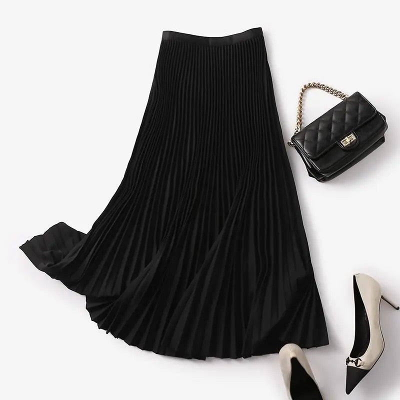 Yitimoky Long Pleated Skirts for Women 2023 Spring Fall Chic Elastic Band Fashion A Line Elegant Office Ladies Luxury Midi Skirt