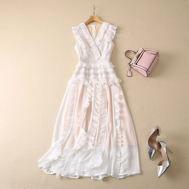 V-Neck Dress with Ruffles Out Lace.