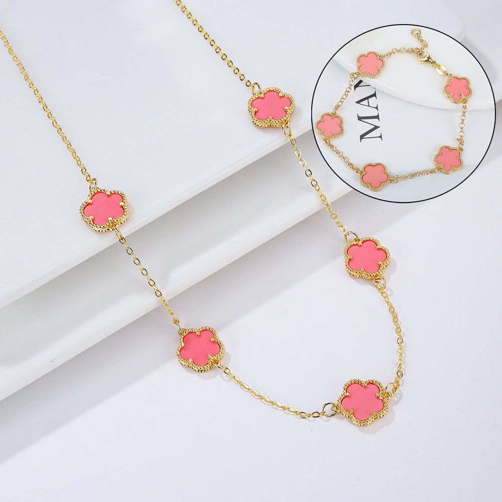 Natural Stone / Colorful Five-leaf Flower Necklace, Bracelet / Two Sets of Luxury Stainless Steel Jewelry / Women's Birthday Gift