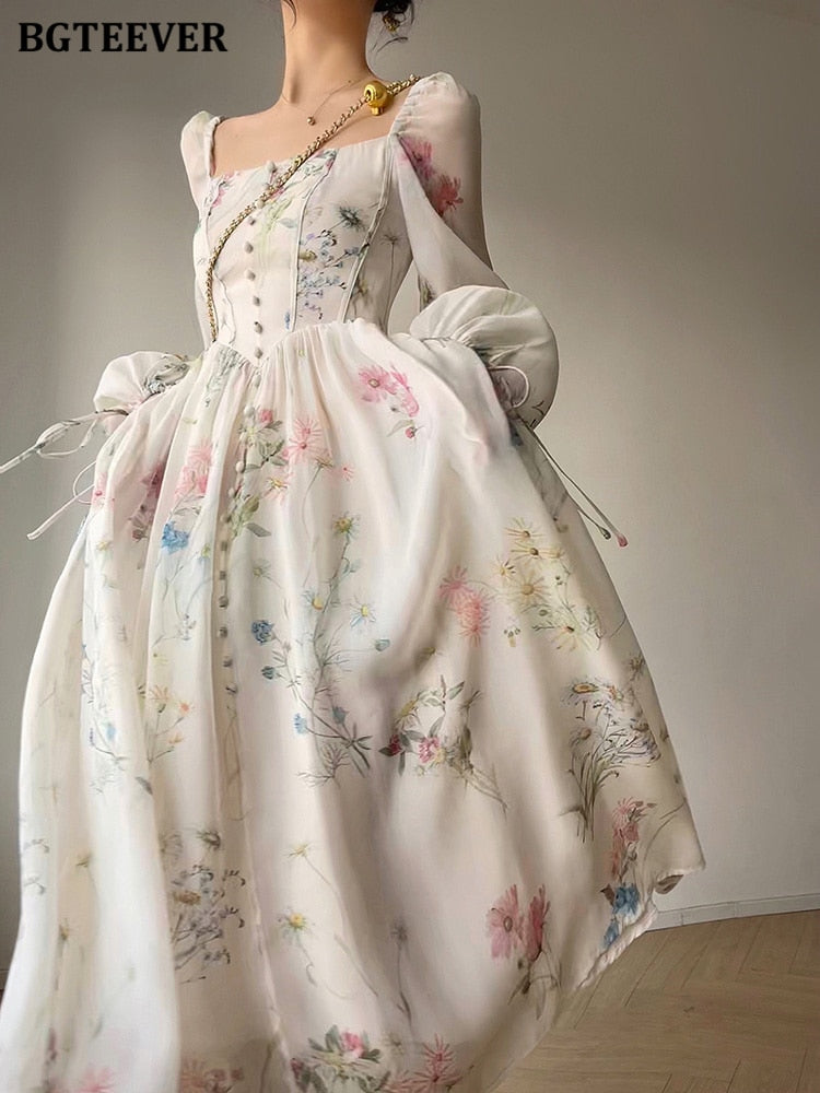 Floral Mid-Length Dress, with Chic Vintage Square Collar Long Sleeve Women / Elegant Slim Waist Female A-line Dress.