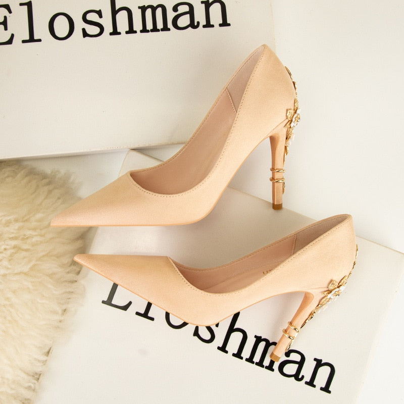 High-quality Wedding Shoes with Metal Flowers Designs on the back heels.