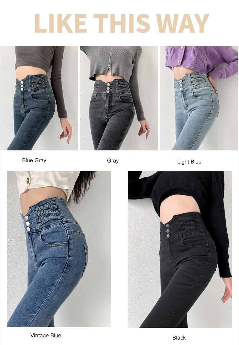 ZOENOVA Skinny Pencil Jeans with Four Buttons High Waist / Slim Stretched Denim for women/ Pants / Tight Trousers / Women Pants