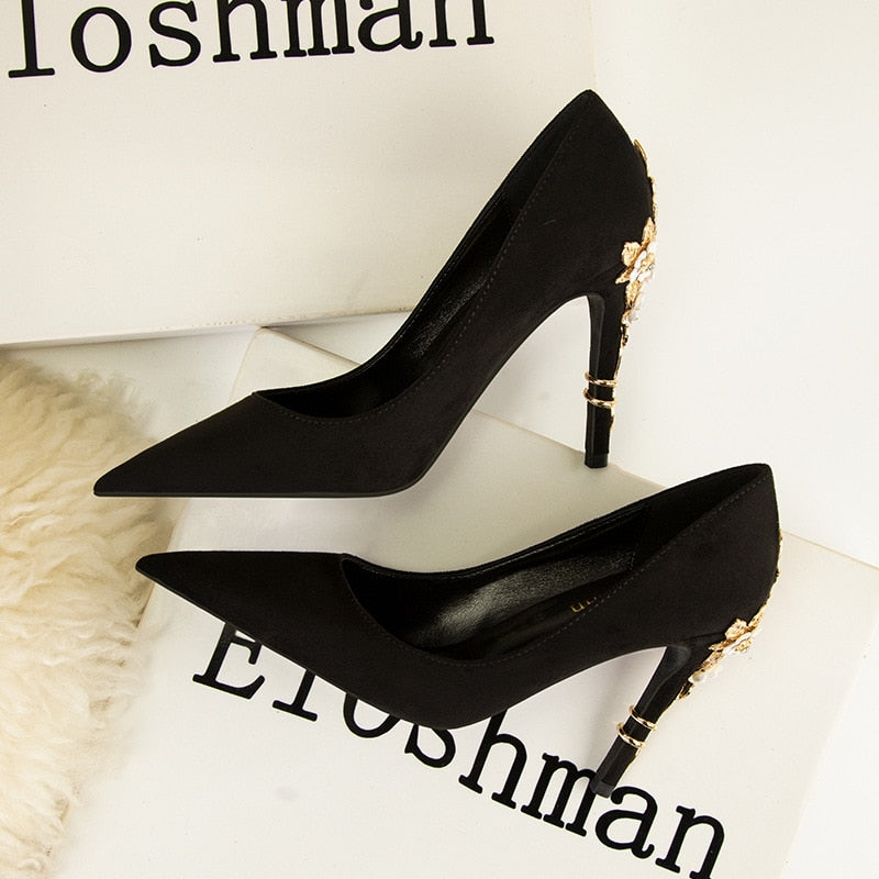 High-quality Wedding Shoes with Metal Flowers Designs on the back heels.