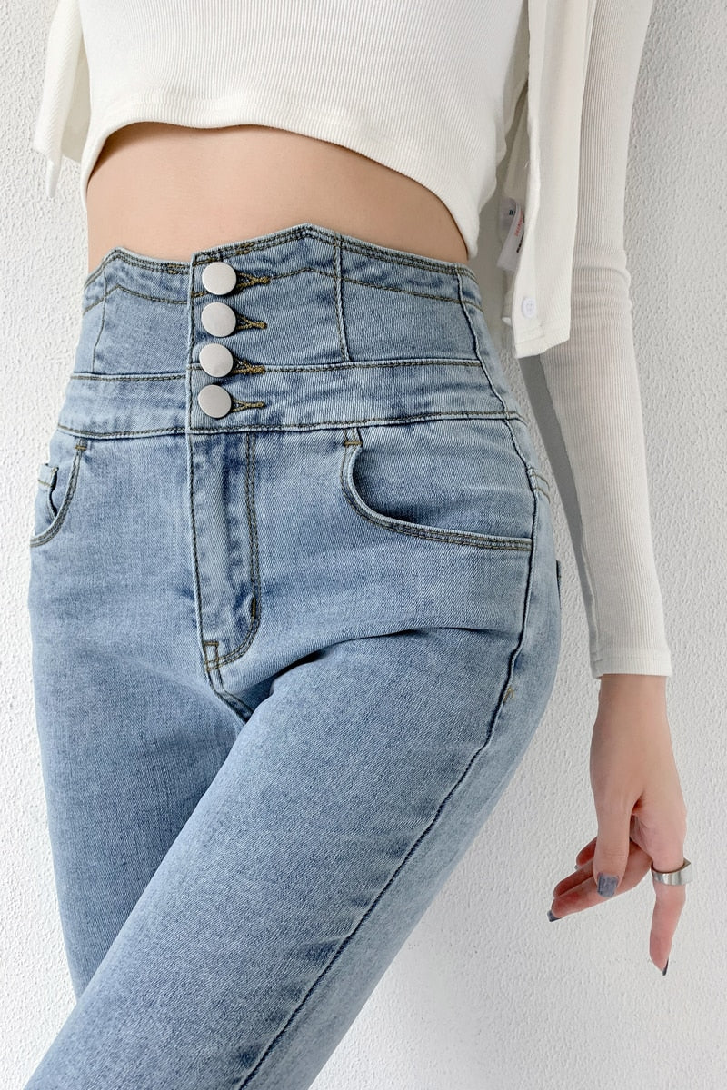 ZOENOVA Skinny Pencil Jeans with Four Buttons High Waist / Slim Stretched Denim for women/ Pants / Tight Trousers / Women Pants