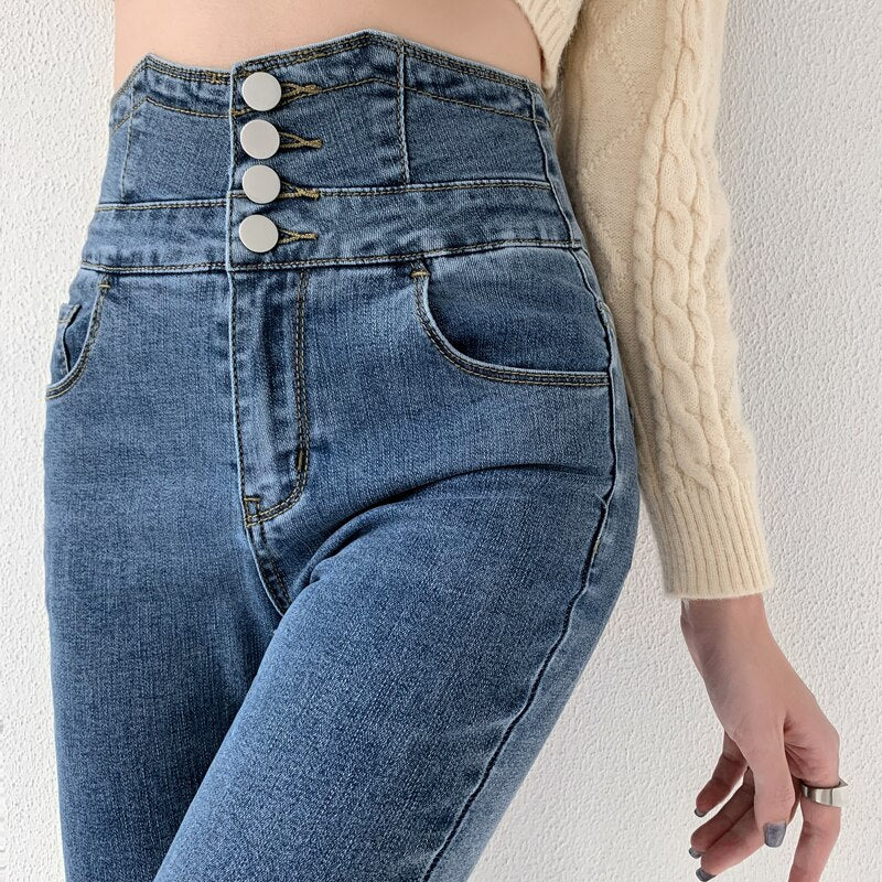 ZOENOVA Skinny Pencil Jeans with Four Buttons High Waist / Slim Stretched Denim for women/ Pants / Tight Trousers / Women Pants
