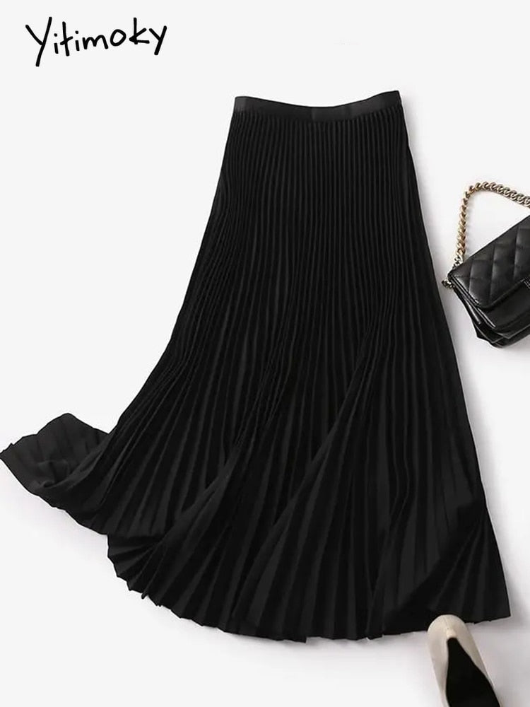 Yitimoky Long Pleated Skirts for Women 2023 Spring Fall Chic Elastic Band Fashion A Line Elegant Office Ladies Luxury Midi Skirt