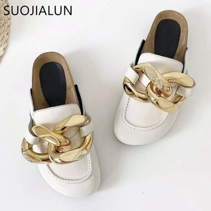 SUOJIALUN Brand Design Women Slipper Fashion Big Gold Chain Sandals Shoes Round Toe Slip On Mules Flat Heel Casual Slides Flip F