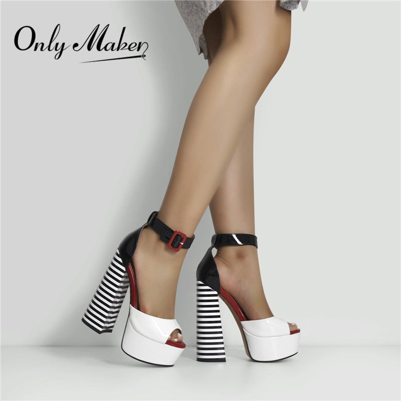 Onlymaker Women  Sandals Platform Peep Toe Chunky Square Heels Ankle Strap Sandals Black And White Stripes Party Fashion Shoes