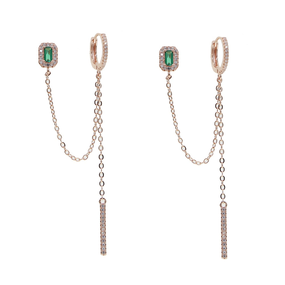 double piercing silver color / rose, gold, clear green, baguette cubic zirconia / long chain earring