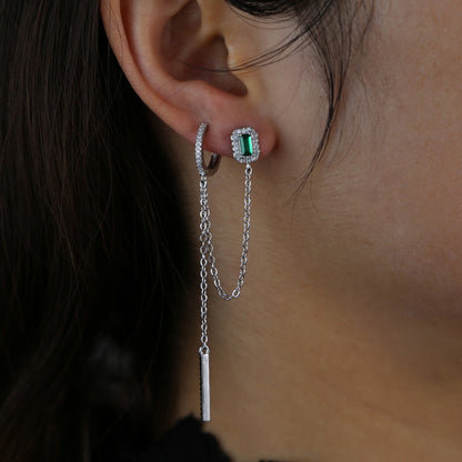 double piercing silver color / rose, gold, clear green, baguette cubic zirconia / long chain earring