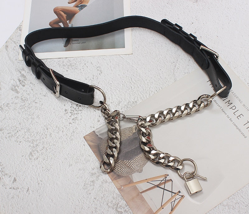 [EAM]  Pu Leather Black Thick Metal Chain Long Wide Belt Personality Women New Fashion Tide All-match Spring Autumn 2022 1DD9566