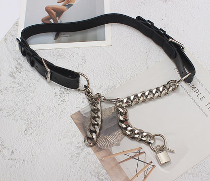 [EAM]  Pu Leather Black Thick Metal Chain Long Wide Belt Personality Women New Fashion Tide All-match Spring Autumn 2022 1DD9566