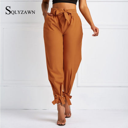 Solid Color Trousers with Waist Belt Bow.