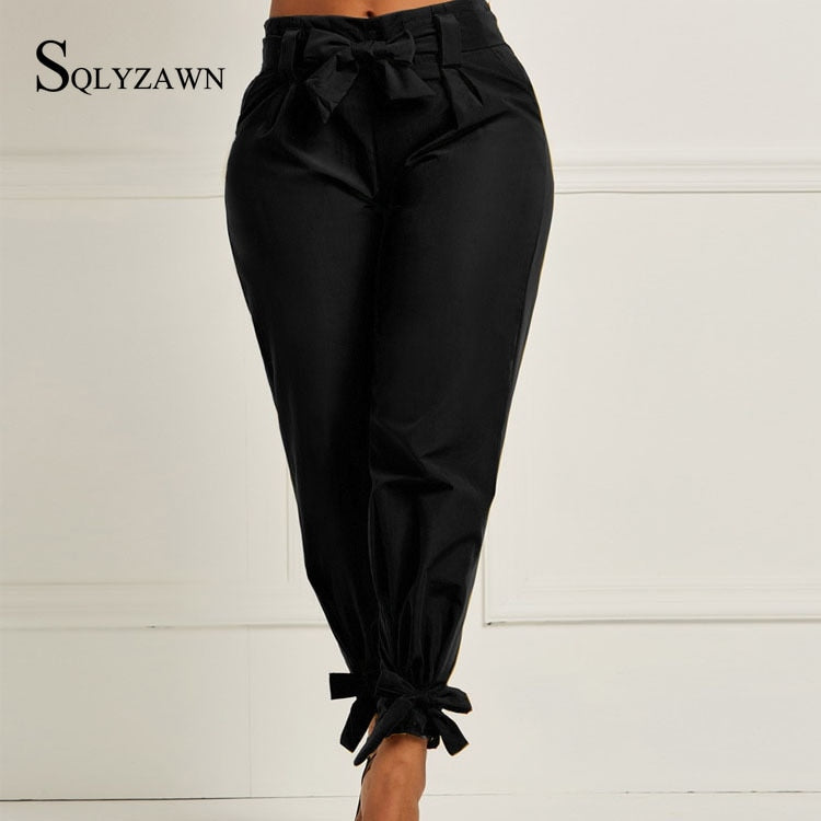 Solid Color Trousers with Waist Belt Bow.