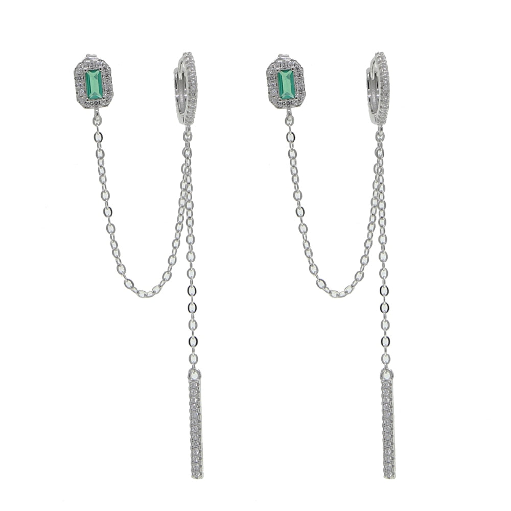 double piercing silver color / rose, gold, clear green, baguette cubic zirconia / long chain earring