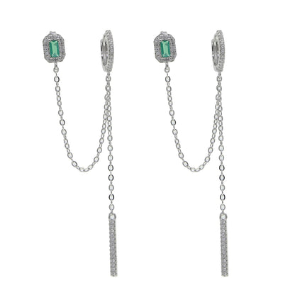 double piercing silver color / rose, gold, clear green, baguette cubic zirconia / long chain earring