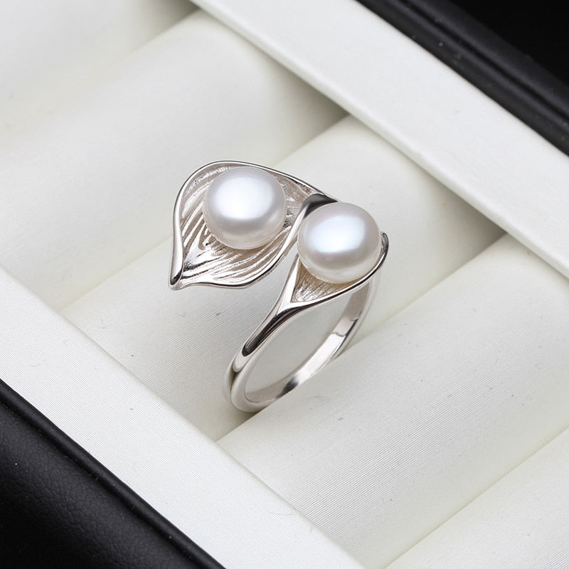 Wedding Real Natural Freshwater White Black Double Pearl Ring Boho Fashion Leaf 925 Sterling Silver Rings For Women