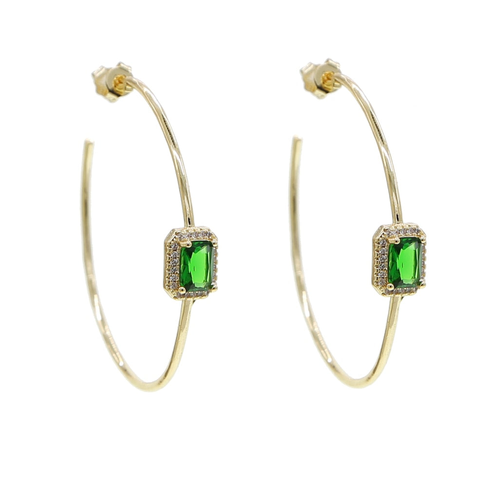 Gold color green baguette cz hoop earring big round circle hoop trendy fashion women jewelry