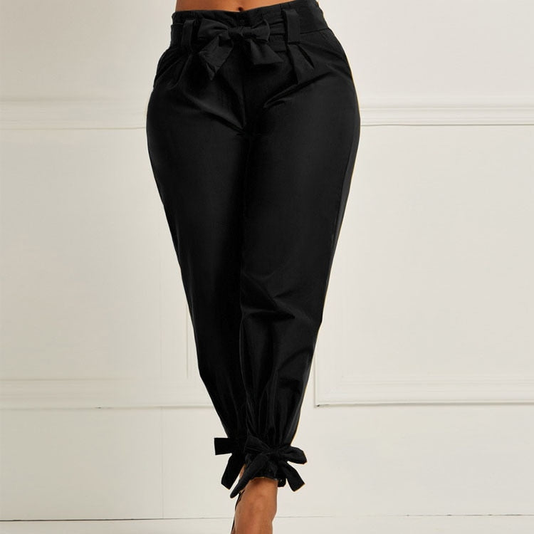 Solid Color Trousers with Waist Belt Bow.