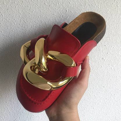 SUOJIALUN Brand Design Women Slipper Fashion Big Gold Chain Sandals Shoes Round Toe Slip On Mules Flat Heel Casual Slides Flip F