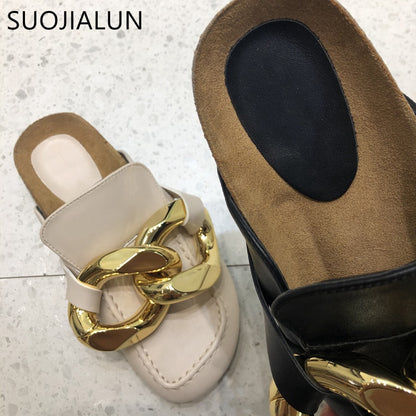 SUOJIALUN Brand Design Women Slipper Fashion Big Gold Chain Sandals Shoes Round Toe Slip On Mules Flat Heel Casual Slides Flip F