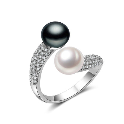 Real 925 Sterling Silver Double Pearl Rings Women,daughter gift bridal black pearl ring