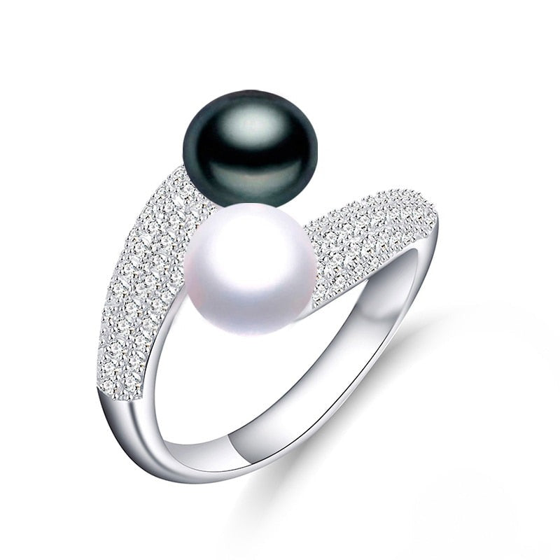 Real 925 Sterling Silver Double Pearl Rings Women,daughter gift bridal black pearl ring